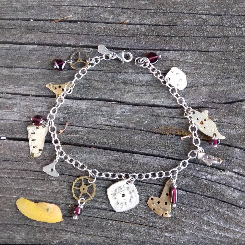 Vintage Sterling Steampunk Watch Parts Garnet Charm Bracelet - Picture 4 of 9